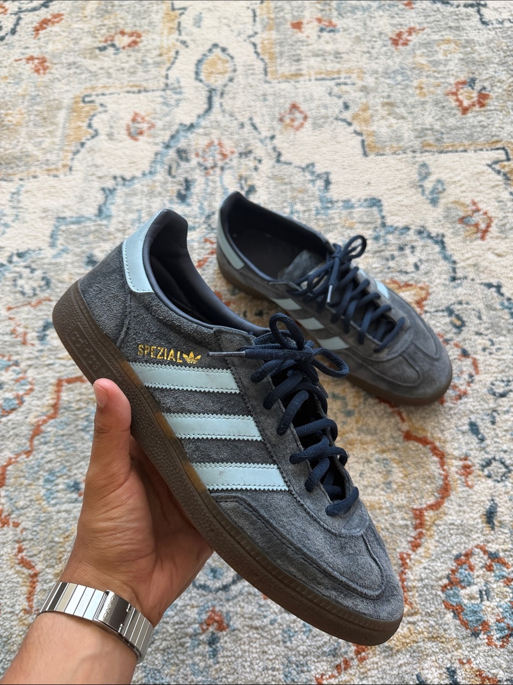 Adidas Navy Suede Spezial Sneakers with Light Blue Stripes